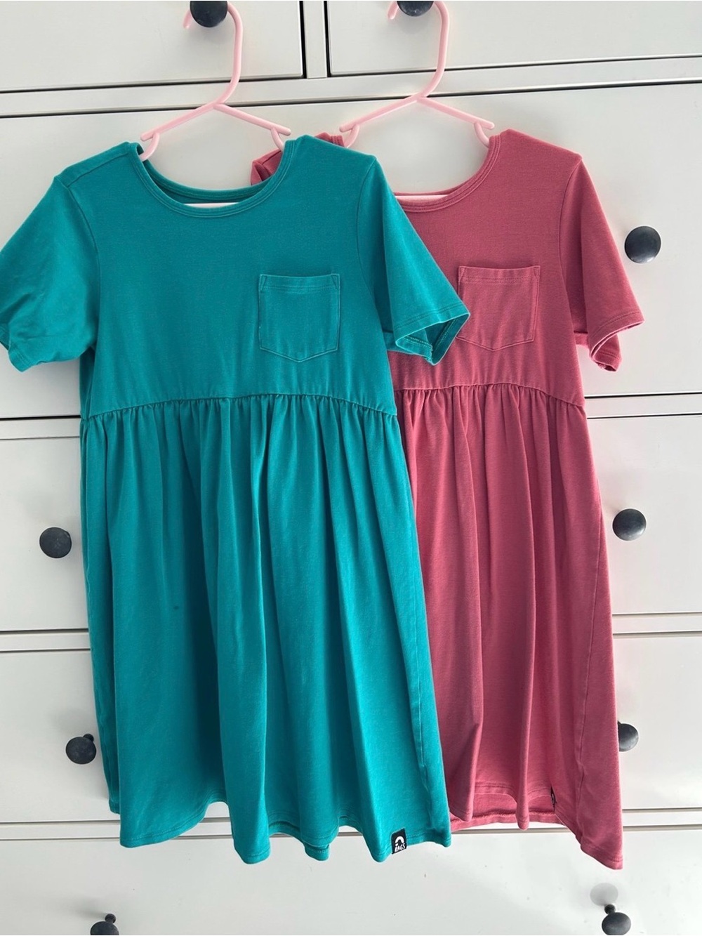 Kids Short Sleeve Pocket Dress - Teal and Rose